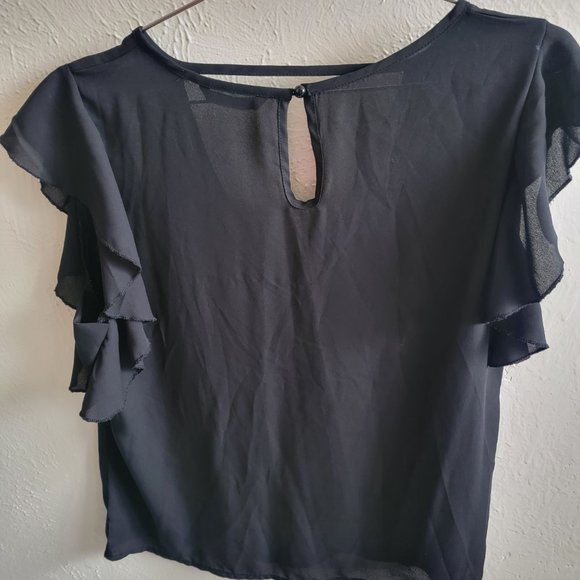 Large SHEIN Black Shiffon Ruffle Short Sleeve V-Neck Blouse - Picture 2 of 4